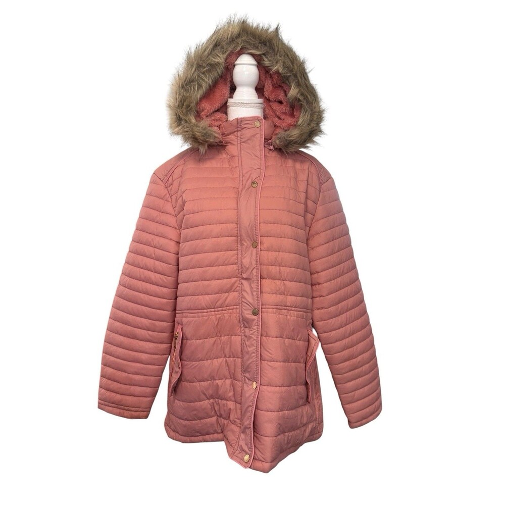 HanTon Women’s 2XL Dusty Rose Pink Quilted Puffer Parka Faux Fur Hood Coat - Picture 2 of 11